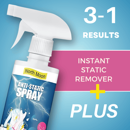 Spray bottle promoting its 3-in-1 results for instant wrinkle removal, static elimination, and additional benefits, with a vibrant blue and pink design